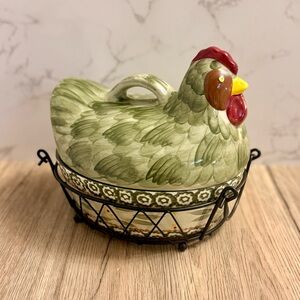 Temptations Ovenware Green Chicken Rooster Wire Basket 1 Qt Casserole Dish 3pc